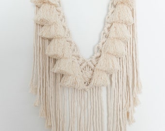 Macrame Tassel Wall Hanging, White Boho Fiber Art Decor
