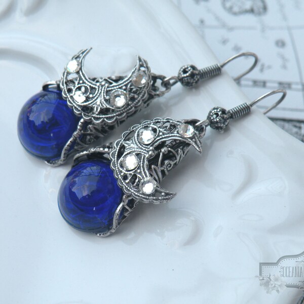 Blue Moon Earrings, Full Moon Earrings, Pagan Jewelry, Renaissance Earrings, Crescent Earrings, Silver Filigree Earrings, Medieval Jewelry