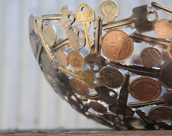 Coin and Key Bowl: Metal Sculpture, Functional Art (28 cm)