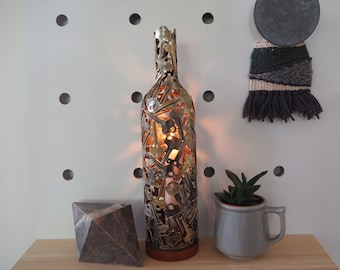Red Wine Key Bottle, Metal Sculpture Luminary, Made to order