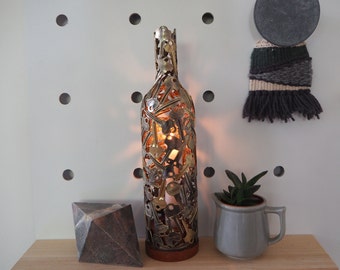 Red Wine Key Bottle, Metal Sculpture Luminary, Made to order