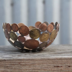 World Coin Bowl, Silver Soldered Metal Sculpture, 12cm