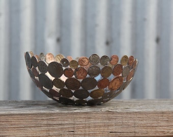 World coin bowl, medium 20 cm, metal bowl, metal sculpture, ornament