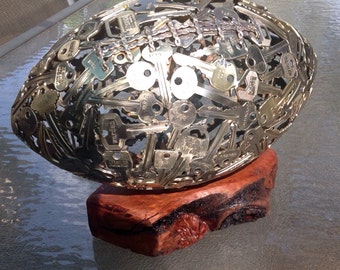 Key American Football Sculpture, Metal Ornament on Timber Stand