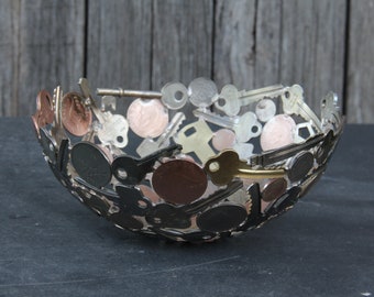 Key and Coin Metal Bowl: Unique Sculpture Ornament (20cm)