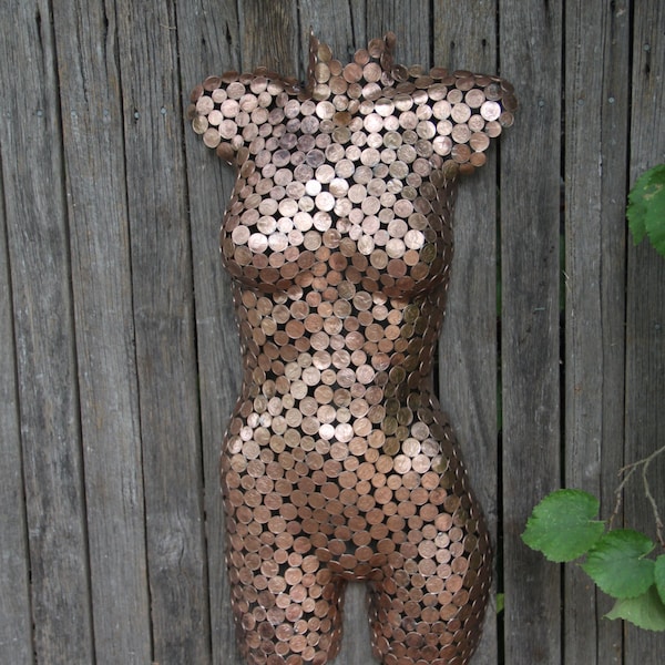 Copper coin, Female Torso, metal sculpture ornament, metal wall art, polished made to order.