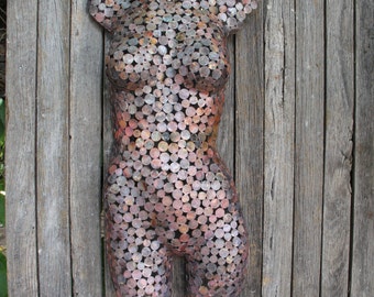 Copper coin, Female Torso, metal sculpture ornament, raw, metal wall art,  made to order.