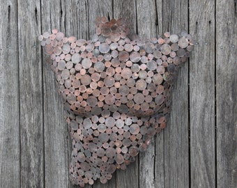 Half Male Copper Coin Torso, metal sculpture ornament, metal wall art, made to order.