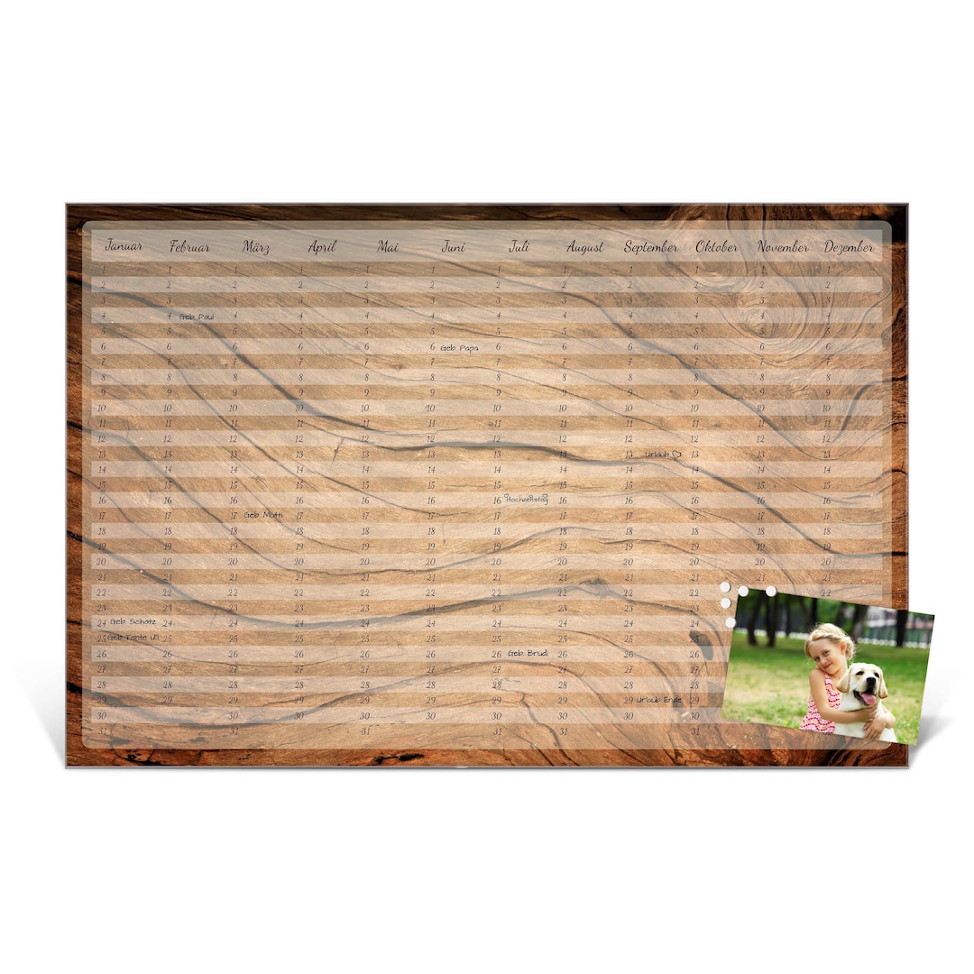 Everlasting Glass Wall Calendar Annual Planner Writable With Motif WOOD