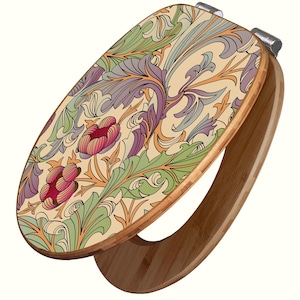 Premium bamboo toilet seat with soft-close mechanism and motif Vintage Flower 2