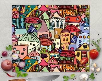 Küchen Schneidebrett aus Glas Motiv FUNKY TOWN Glasschneidebrett 60x52cm