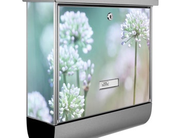 Stainless steel letter box with newspaper compartment and name tag with LEEK BLOSSOM motif