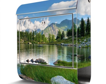 Stainless steel letterbox from banjado with MOUNTAIN LAKE motif