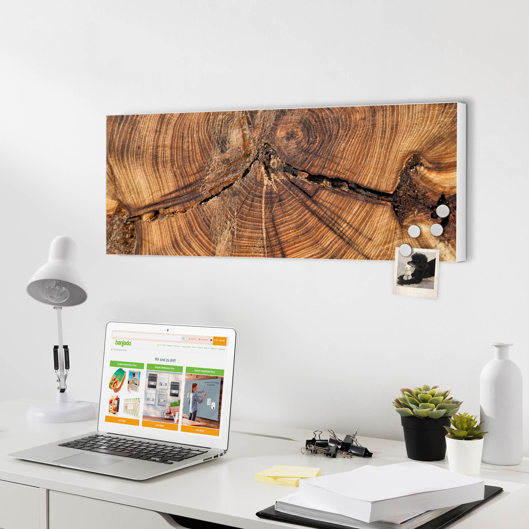 Banjado® Magnettafel 30x75 Cm – Magnetpinnwand Aus Metall, Inkl. 4 Magnete & Montageset, Motiv Weiß Gebeizt