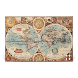 Glass magnetic board with magnets and HISTORICAL WORLD MAP motif