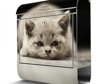 Stainless steel mailbox by banjado with motif CAT THEODOR