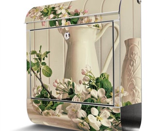 Stainless steel mailbox from banjado with STILL LIFE CHERRY BLOSSOM motif