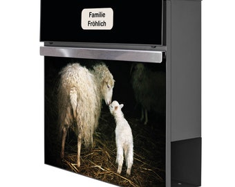 Design letterbox anthracite with newspaper compartment motif SHEEP AND LAMB