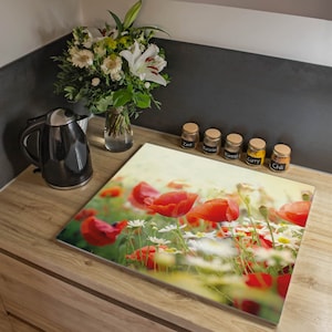 Plaque de recouvrement de cuisinière en verre de banjado 60 x 52 cm avec motif CAMOMILLE ET COQUELICOT