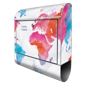Buzón grande con compartimento para periódicos banjado motivo Mapa mundial en pastel
