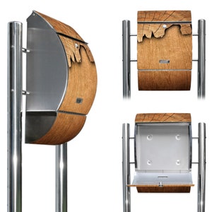 Standing mailbox made of stainless steel with a WOOD motif