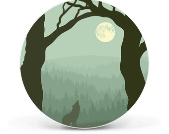Pizarra magnética redonda de metal de banjado con motivo lobo aullando