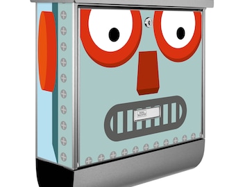 Stainless steel mailbox from Burg-Wächter with newspaper compartment and motif SHOCKED ROBOT