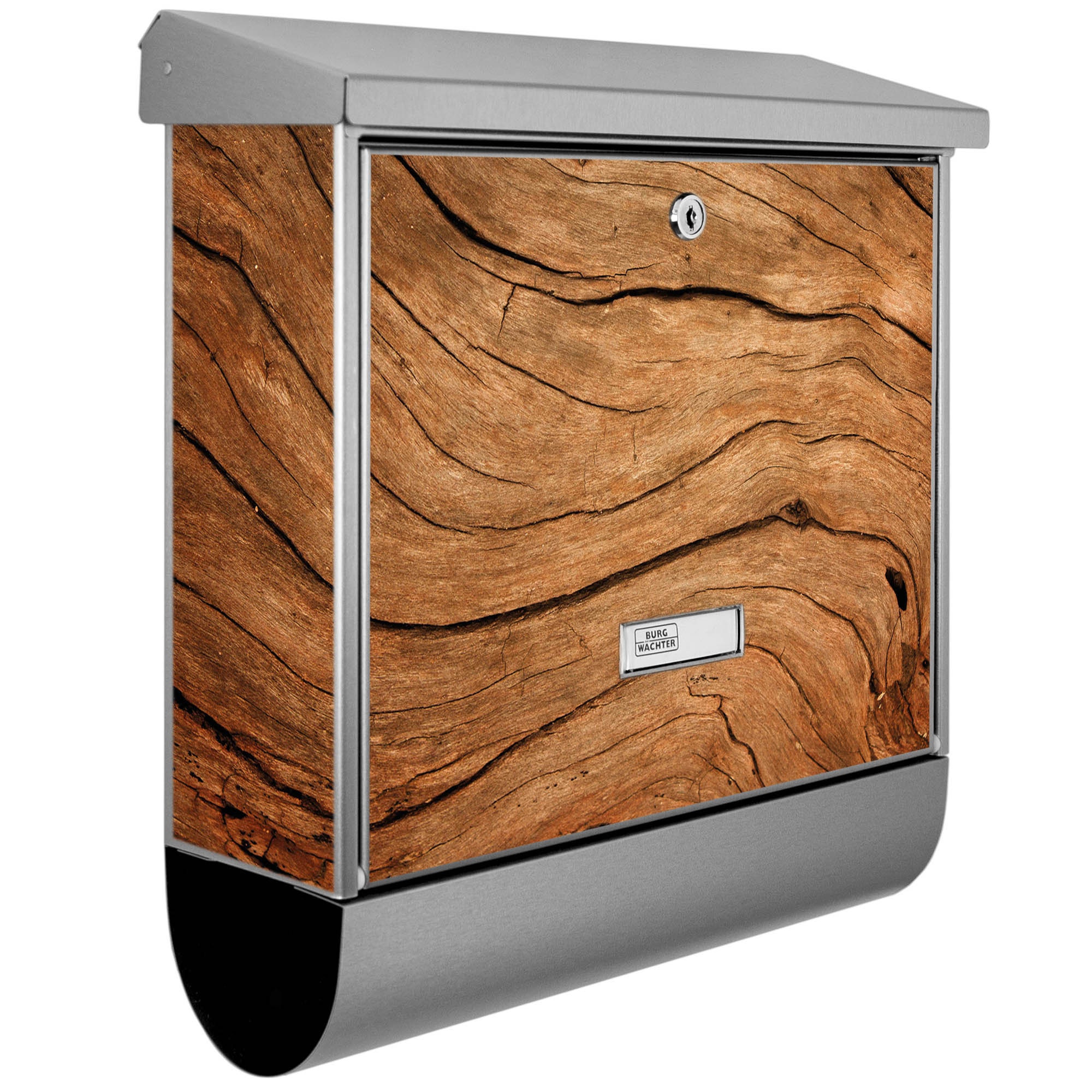 Stainless steel letterbox with newspaper compartment and nameplate motif Dry wood