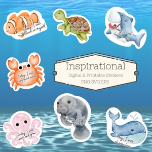 Ozean Aquarell inspirierende Zitate SVG Png EPS Bundle, druckbare Aufkleber, motivierende Zitate, positive Affirmationen, psychische Gesundheit