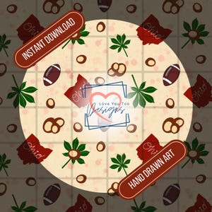 May include: A seamless pattern featuring a brown outline of the state of Ohio, buckeye nuts, footballs, and green leaves on a beige background. The text "Ohio" is repeated throughout the pattern. The text "Instant Download" and "Hand Drawn Art" are in red boxes.