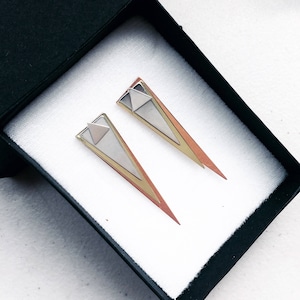 Puede incluir: Un par de pendientes triangulares de plata y oro en una caja negra. Los pendientes son de estilo geométrico y moderno.