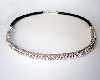Beautiful, sterling silver handmade chain and leather necklace