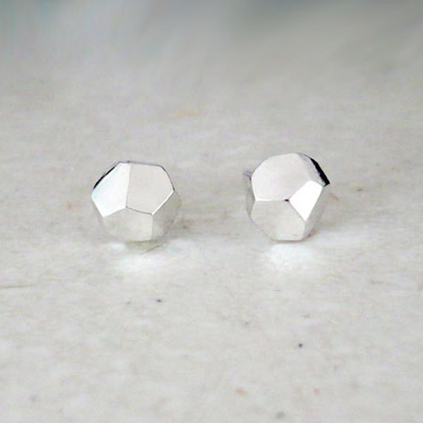 Rough faceted sterling silver stud earrings, handmade. Faceted silver studs. Handmade studs.