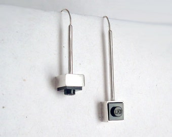 Handmade Sterling silver lego long asymmetrical earrings