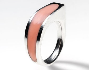 Sterling silver ring with pale coral pink resin, handmade. Modern jewelry design. Different color.