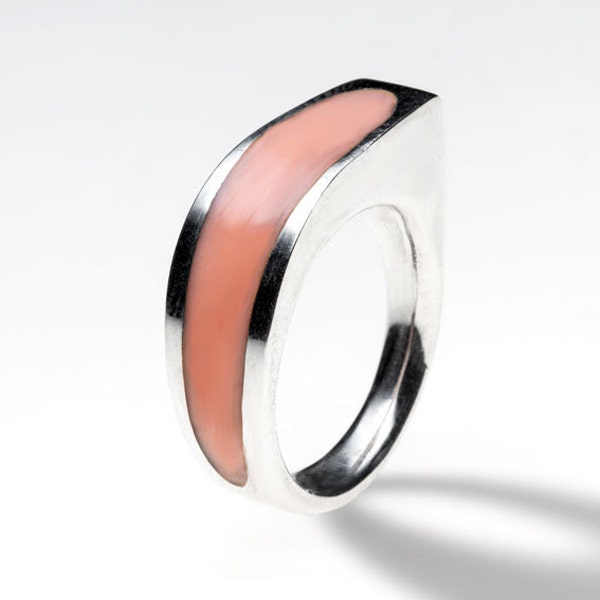 Sterling silver ring with pale coral pink resin, handmade. Modern jewelry design. Different color.