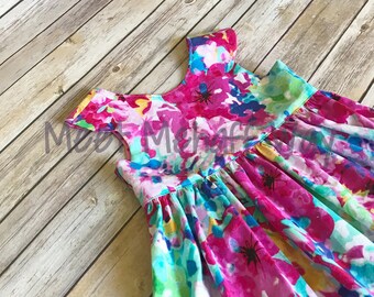 READY-TO-SHIP -- Bright Watercolor Floral Dress -- Size 4 -- Girls Scoop Back Dress