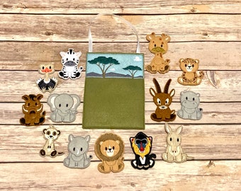 READY-TO-SHIP --Embroidered Safari Finger Puppet Set -- Choose Your Puppets + Pocket Scene