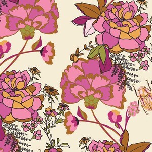 May include: A floral pattern with pink and orange flowers on a cream background. The flowers have gold outlines and there are small green leaves throughout the pattern.