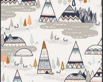 May include: A white background with a repeating pattern of stylized mountains, trees, and foxes. The mountains are decorated with geometric patterns in shades of blue, pink, and orange. The trees are green, blue, and orange. The foxes are brown and white.