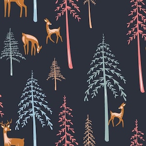 May include: A seamless pattern featuring stylized illustrations of deer and pine trees on a dark blue background. The deer are brown with white spots and the trees are in shades of blue, pink, and orange.
