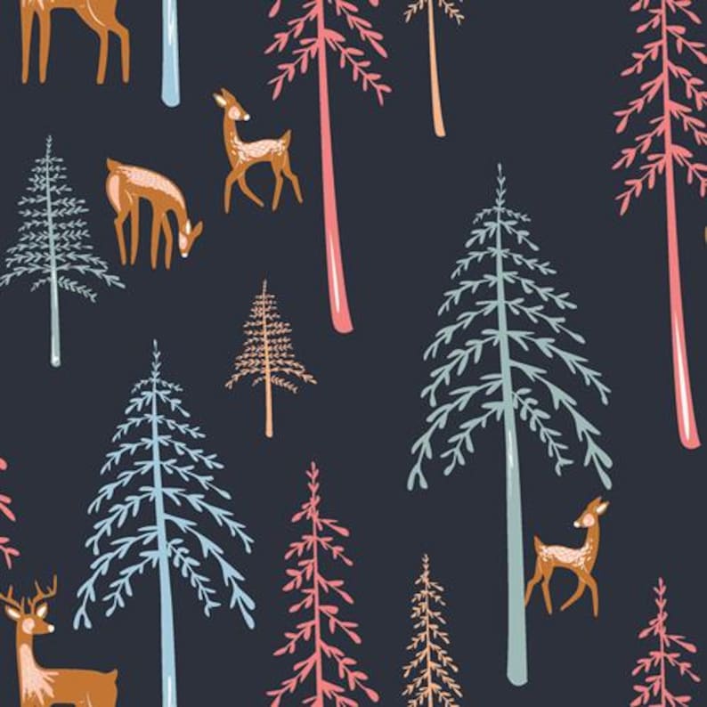 May include: A seamless pattern featuring stylized illustrations of deer and pine trees on a dark blue background. The deer are brown with white spots and the trees are in shades of blue, pink, and orange.