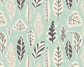 Fabric Hello, Bear, Leaflet Eucalyptus, in Mint, Bonnie Christine Art Gallery Fabrics Leaves Mint Green