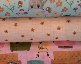 Cotton Fabric Bundle &#39;Lazy Sunday&#39; Dear Stella Designs by Pammie Jane Floral Cats Strawberry