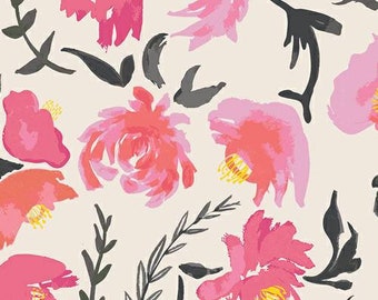 Pink Black Floral Knit Fabric Aquarelle Study Tint 'Wonderful Things' by Bonnie Christine for Art Gallery Fabrics