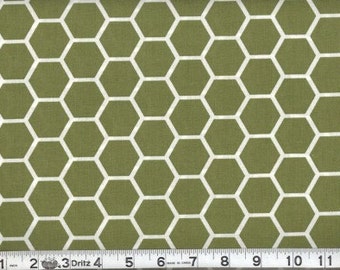 Fabric Honeycomb White on Moss Green Hexagon Cotton 12 inches Last Piece