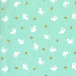 May include: A turquoise fabric with a repeating pattern of white dragons and gold crowns.
