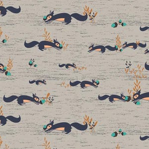 May include: A seamless pattern featuring a repeating design of squirrels carrying acorns on a light gray background with a subtle textured effect. The squirrels are depicted in a cartoon style with dark blue bodies and orange accents.