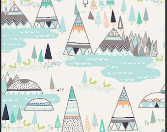 Fabric Indian Summer 'Woodland Pine' by Sara Watson Art Gallery Tree Tepee Mint Coral Navy