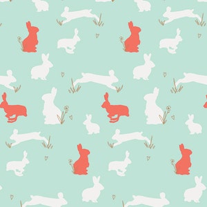Fabric Anna Elise, Bunny Binkies Funk Metallic, Primrose Belle by Bari J. for Art Gallery Fabrics Mint Coral Metallic Bunny